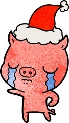 hand drawn textured cartoon of a pig crying wearing santa hat