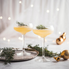 Festive christmas champagne cocktail with christmas decorations