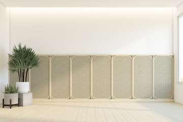 Minimalist empty room with woven wood wall and white wall, wood floor and indoor plant. 3d rendering