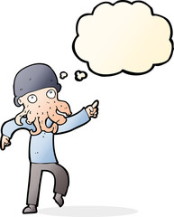 cartoon alien man dancing with thought bubble