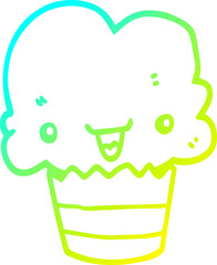 cold gradient line drawing of a cartoon cupcake with face