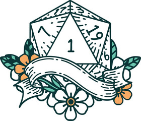 Retro Tattoo Style natural one d20 dice roll