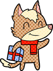 friendly cartoon wolf with present