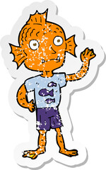 retro distressed sticker of a cartoon waving fish boy