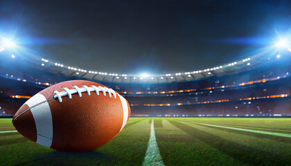American football players on the field with closeup on ball and stadium lights. Sports background