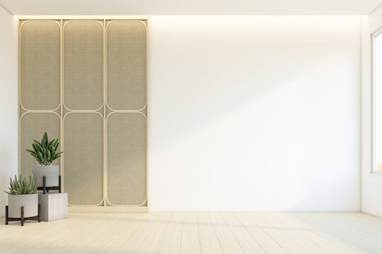 Minimalist empty room with woven wood side wall and white wall, wood floor and indoor plant. 3d rendering