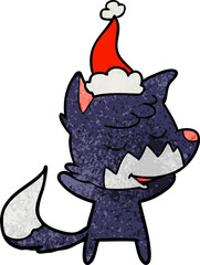 friendly hand drawn textured cartoon of a fox wearing santa hat