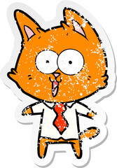 distressed sticker of a funny cartoon cat wearing shirt and tie