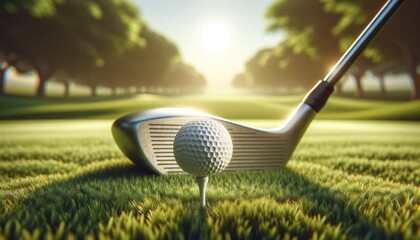 A serene moment on the golf course captured in photorealistic detail, with a golf ball on a tee bathed in the warm glow of the sun, and the club poised for a precision strike.