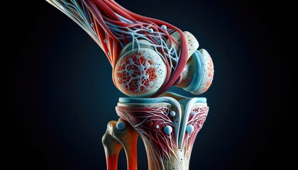 An anatomical illustration of the human knee joint, highlighting the intricate relationship between bones, cartilage, and ligaments against a dark background. - obrazy, fototapety, plakaty