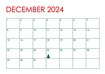 December month 2024 calendar. Simple design in red and green Christmas colors and a Christmas tree marking December 25th