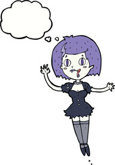 cartoon happy vampire girl with thought bubble