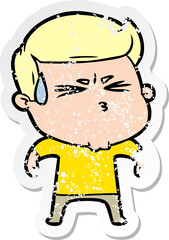 distressed sticker of a cartoon frustrated man