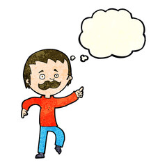 cartoon man with mustache pointing with thought bubble