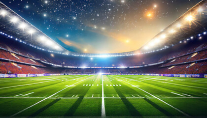 American football field illuminated by stadium lights. Sports background - obrazy, fototapety, plakaty