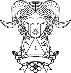 Black and White Tattoo linework Style crying tiefling face with natural 1 D20 Dice