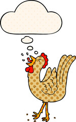cartoon crowing cockerel with thought bubble in comic book style