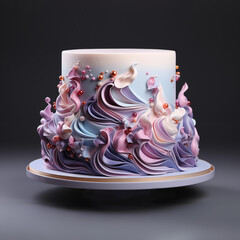 Gorgeous pastel color birthday cake floating on dark background, Generative AI
