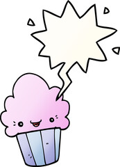 cartoon cupcake with face with speech bubble in smooth gradient style