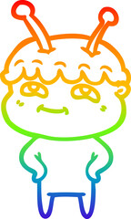 rainbow gradient line drawing of a friendly cartoon spaceman