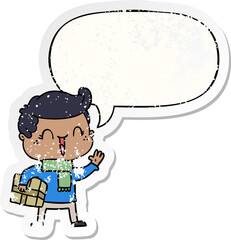 cartoon laughing boy with speech bubble distressed distressed old sticker