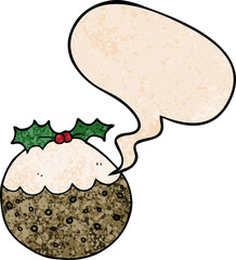 cartoon christmas pudding with speech bubble in retro texture style