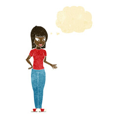 cartoon woman explaining with thought bubble