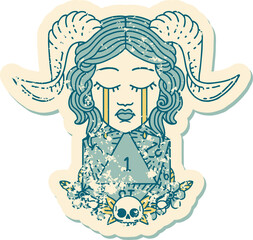 grunge sticker of a sad tiefling with natural one d20 dice roll