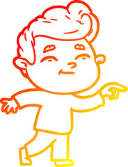warm gradient line drawing of a happy cartoon man pointing
