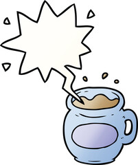 cartoon mug of coffee with speech bubble in smooth gradient style