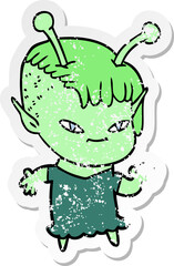 distressed sticker of a cute cartoon alien girl