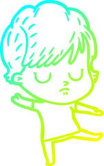 cold gradient line drawing of a cartoon woman