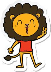 sticker of a laughing lion giving peace sign