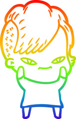 rainbow gradient line drawing of a cute cartoon girl with hipster haircut