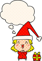 cartoon girl wearing christmas hat with thought bubble in comic book style