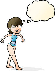 cartoon happy woman in swimming costume with thought bubble