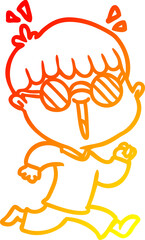 warm gradient line drawing of a cartoon running boy wearing spectacles