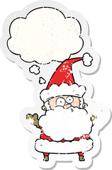 cartoon confused santa claus with thought bubble as a distressed worn sticker