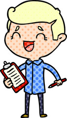 cartoon laughing man with clip board