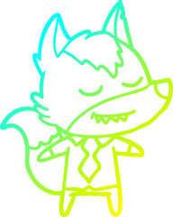 cold gradient line drawing of a friendly cartoon boss wolf