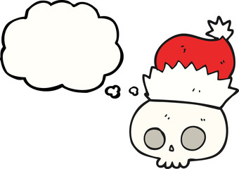 freehand drawn thought bubble cartoon skull wearing christmas hat