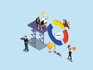 Rocket business, team working to create new project 3d isometric vector concept for landing page, banner, illustration