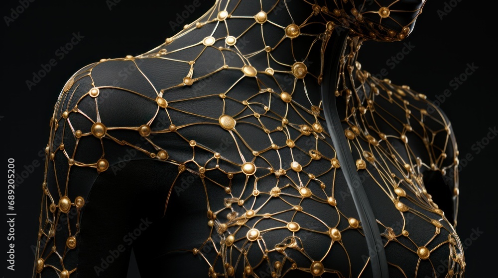 Poster clothes printed with patterns resembling synaptic connections with metallic accents to reflect the c