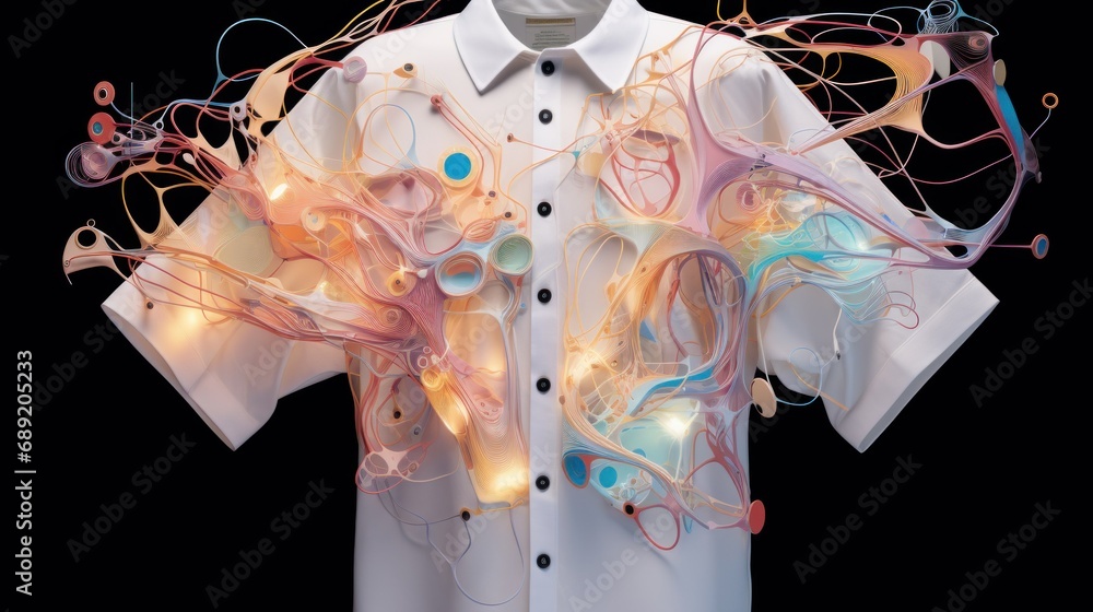 Poster artificial intelligence ai in fashion. ai-inspired clothing with abstract art pattern, ai-generated 