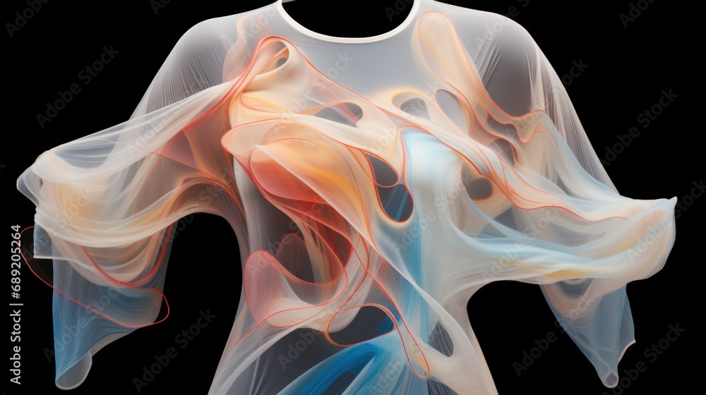 Poster artificial intelligence ai in fashion. ai-inspired clothing with abstract art pattern, ai-generated 