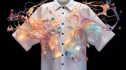 Artificial Intelligence AI in Fashion. AI-Inspired clothing with Abstract Art pattern, AI-generated shapes and colors, mimicking the flow of data in a neural network.