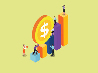 Businessman pushing the coins upward 3d isometric vector concept for landing page, banner, illustration