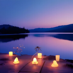 A serene lakeside scene bathed in the gentle glow of candlelight.