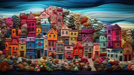 Textured Yarn Artwork of a Quaint Colorful Town. Intricate yarn artwork featuring a densely packed town with houses in a spectrum of colors, set against a swirling yarn sky.