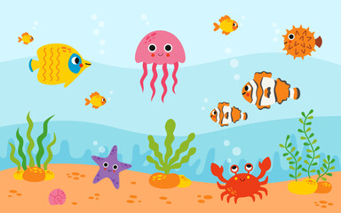 Fototapeta na wymiar Seascape with cute sea animals. Vector illustration.